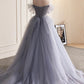 Gray Tulle Long A-Line Prom Dress, Off Shoulder Evening Dress Party Dress nv1432