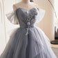 Gray Tulle Long A-Line Prom Dress, Off Shoulder Evening Dress Party Dress nv1432