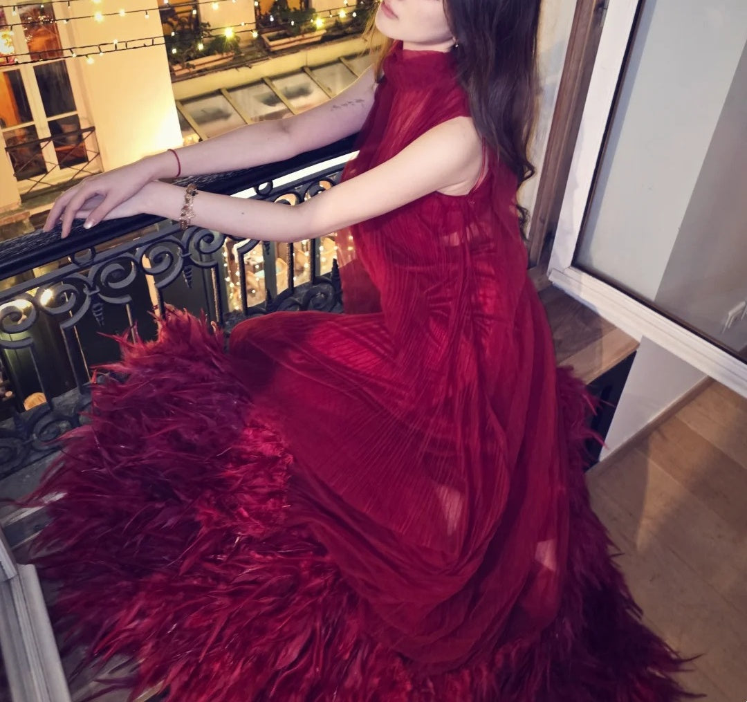 Red long chiffon fur formal Prom dress NV6575