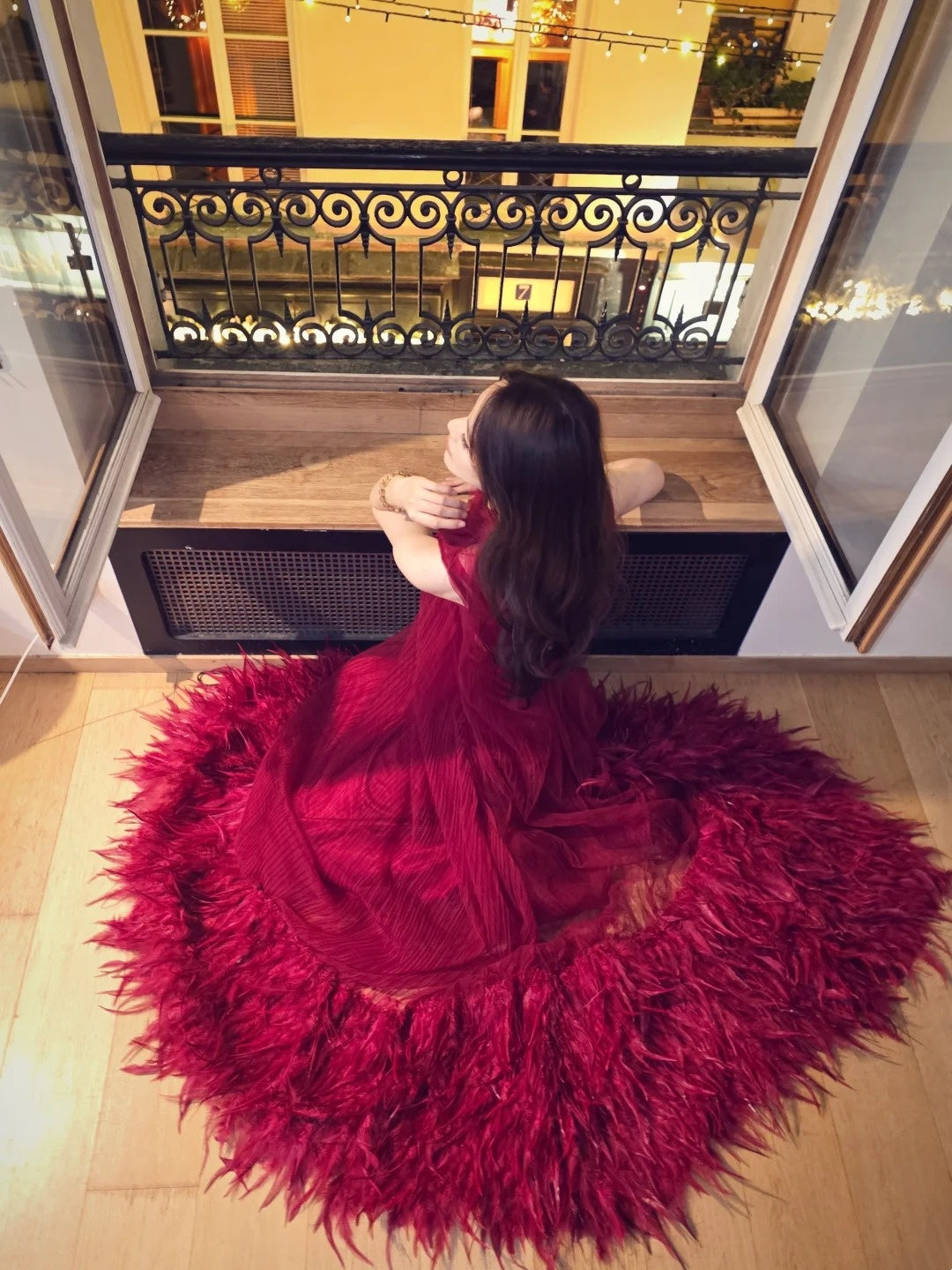 Red long chiffon fur formal Prom dress NV6575