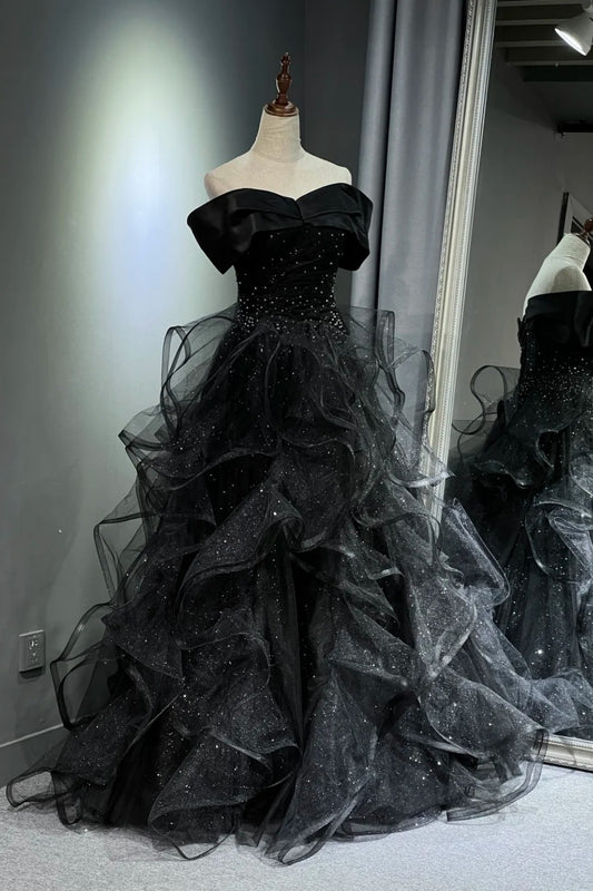 Black shimmering long tulle ball gown NV6629