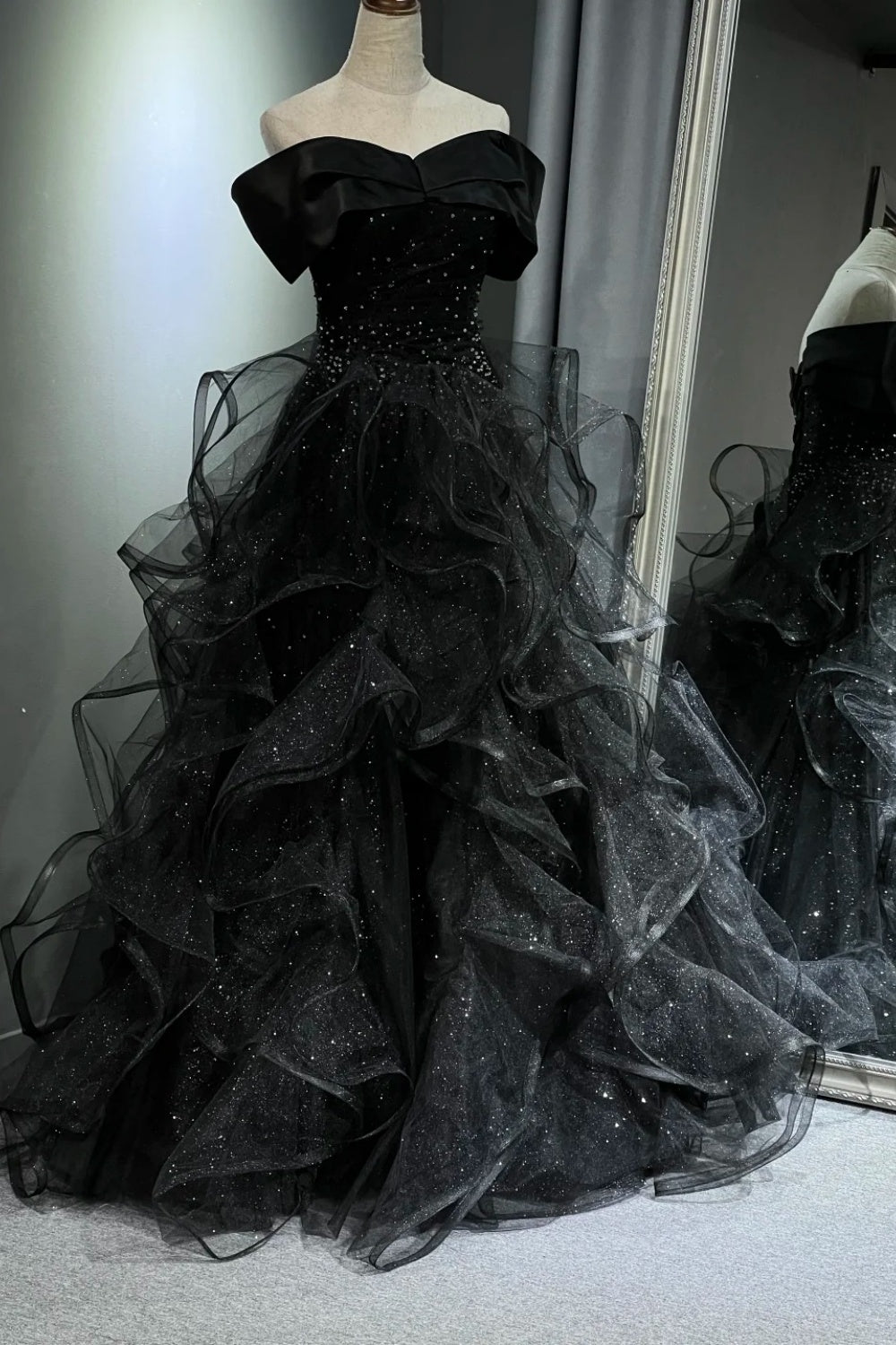 Black shimmering long tulle ball gown NV6629