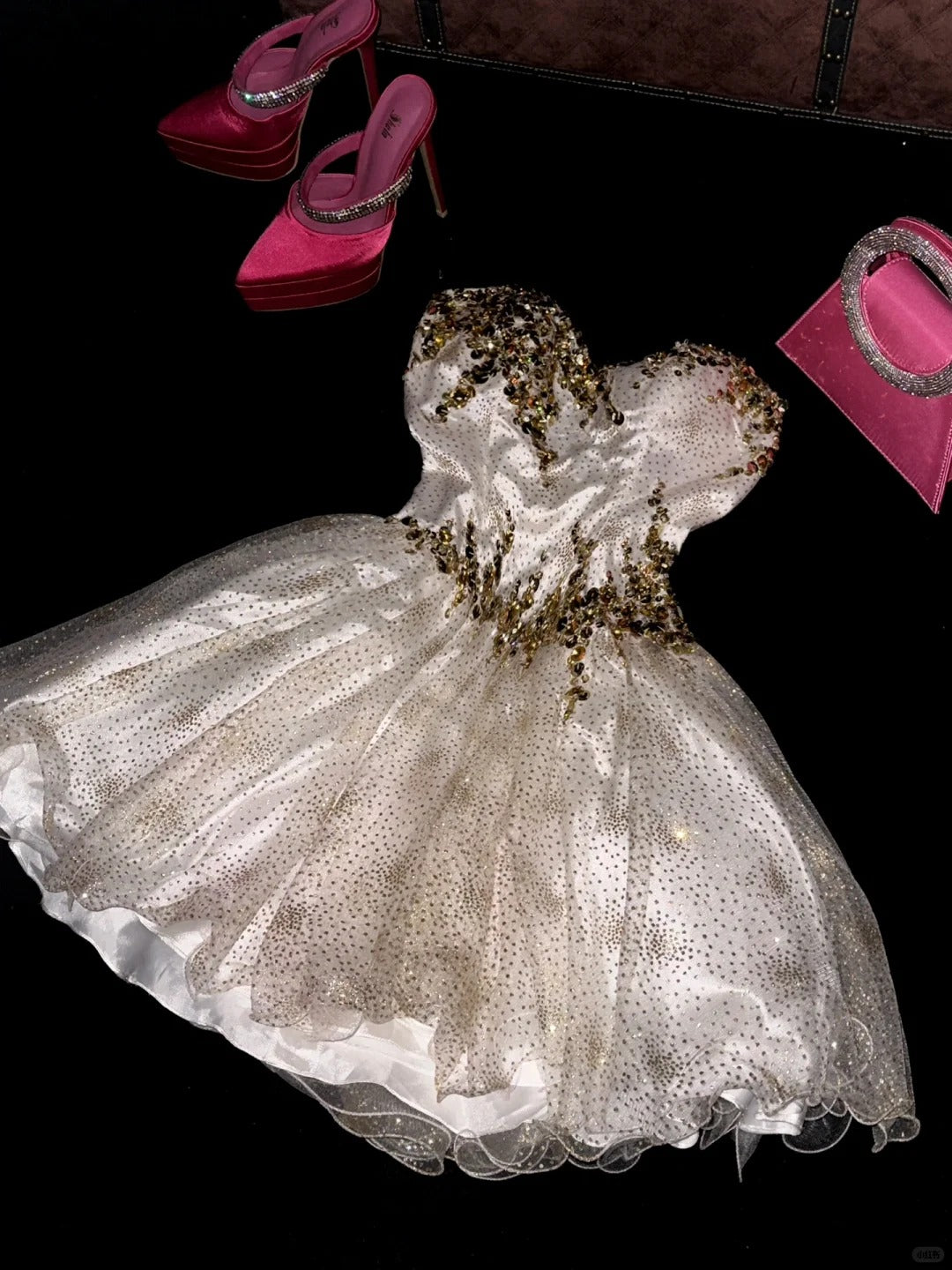 White gold homecoming dress sequined rhinestone short tulle ball gown evening dress nv4428