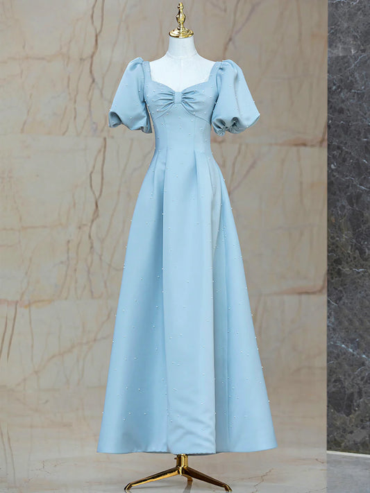 Robe de soirée longue en satin bleu avec perles, robe de soirée trapèze bleue nv1581