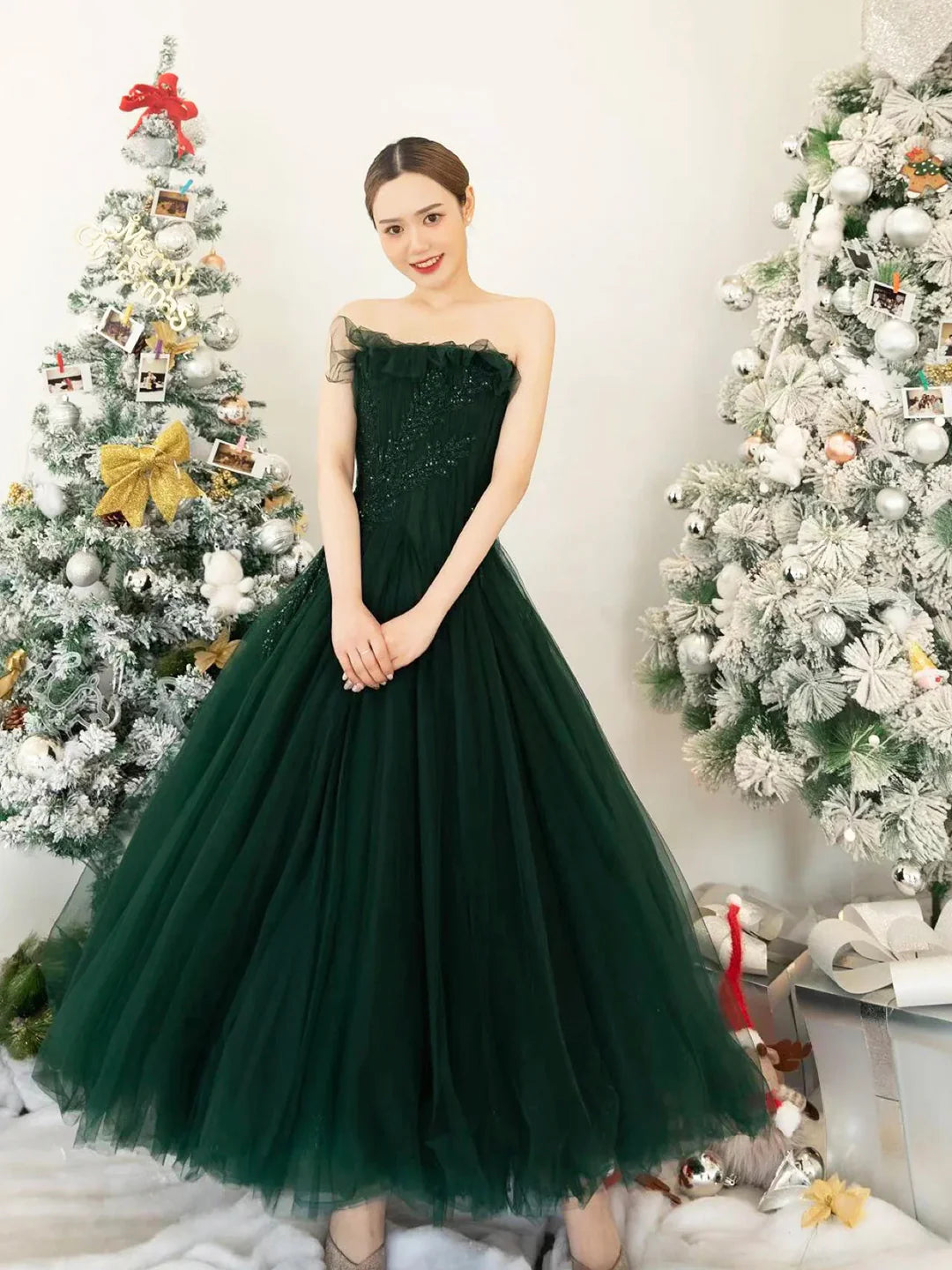 Grünes schulterfreies Tüll-Partykleid in Teelänge, A-Linie, Abendkleid, Ballkleid, nv2163