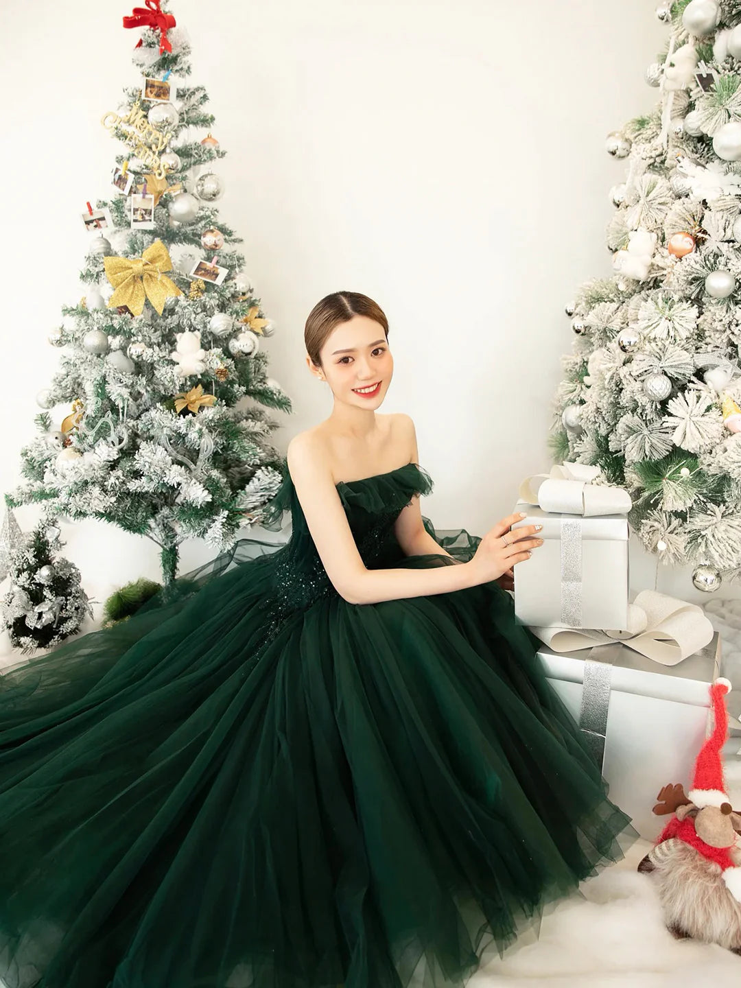 Grünes schulterfreies Tüll-Partykleid in Teelänge, A-Linie, Abendkleid, Ballkleid, nv2163