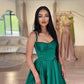 Dunkelgrünes Satin A-Linie Spaghettiträger Langes Ballkleid mit Schlitz nv1437