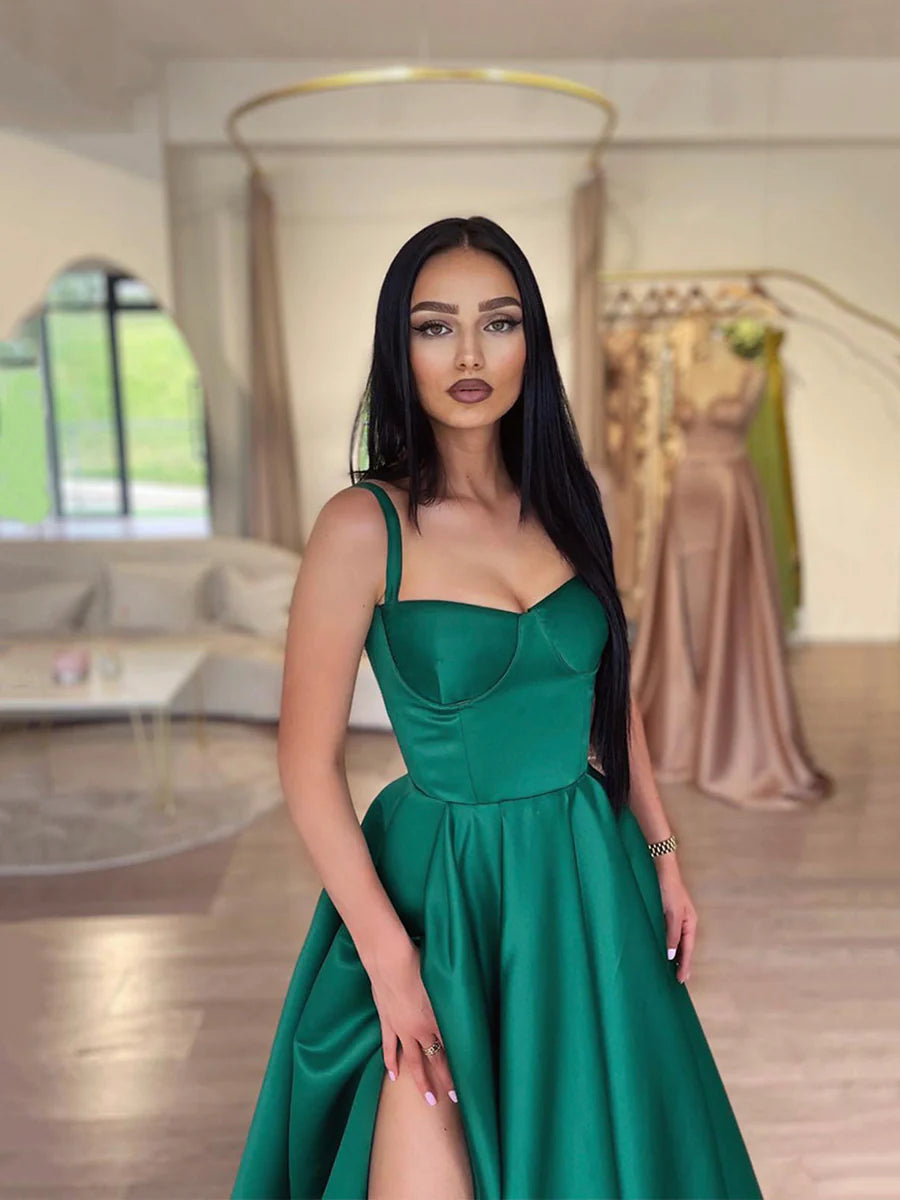 Dark Green Satin A-Line Spaghetti Straps Long Prom Dresses with Split NiceVestidos Dark Green Satin A-Line Spaghetti Straps Long Prom Dresses with Split NiceVestidos