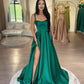 Dunkelgrünes Satin A-Linie Spaghettiträger Langes Ballkleid mit Schlitz nv1437