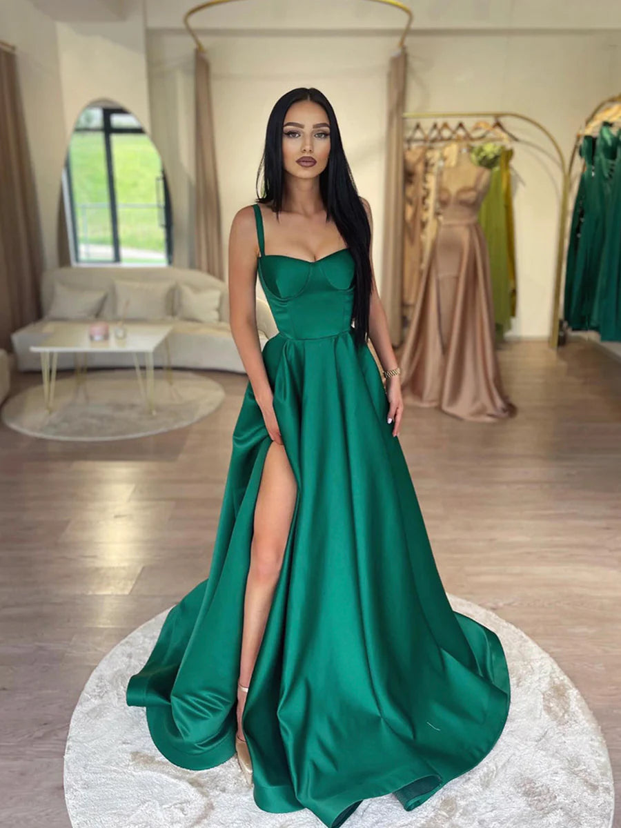 Dark Green Satin A-Line Spaghetti Straps Long Prom Dresses with Split – NiceVestidos