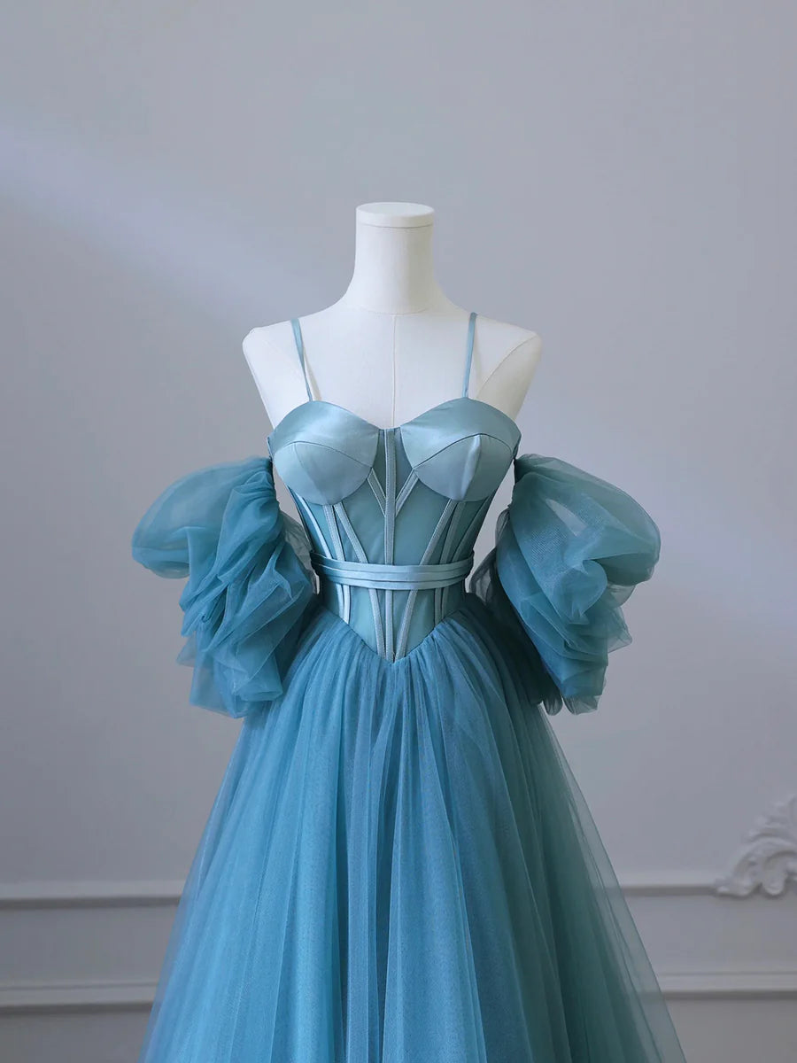 Robe de bal en tulle bleu féerique à bretelles spaghetti et corset, robe de soirée à épaules dénudées amovibles nv1536