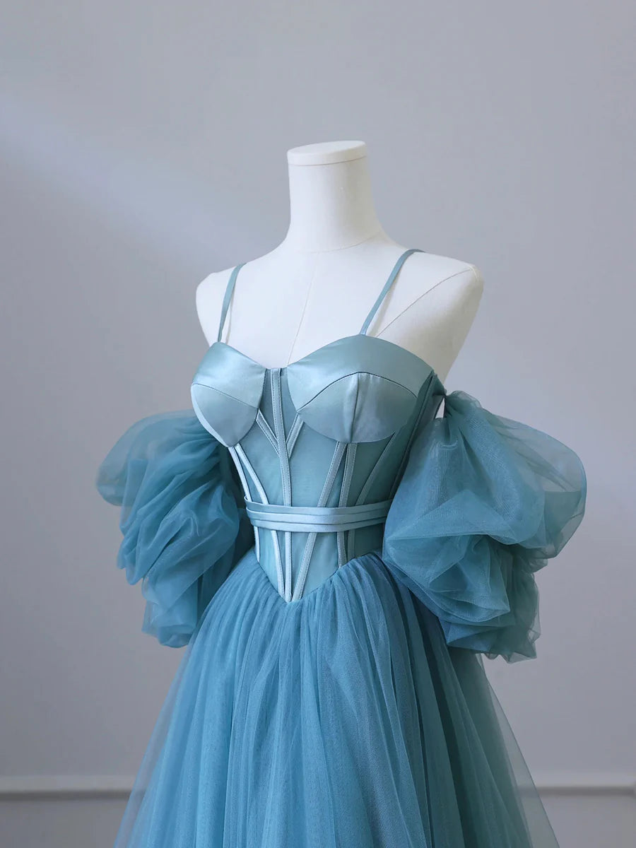 Robe de bal en tulle bleu féerique à bretelles spaghetti et corset, robe de soirée à épaules dénudées amovibles nv1536