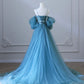 Robe de bal en tulle bleu féerique à bretelles spaghetti et corset, robe de soirée à épaules dénudées amovibles nv1536