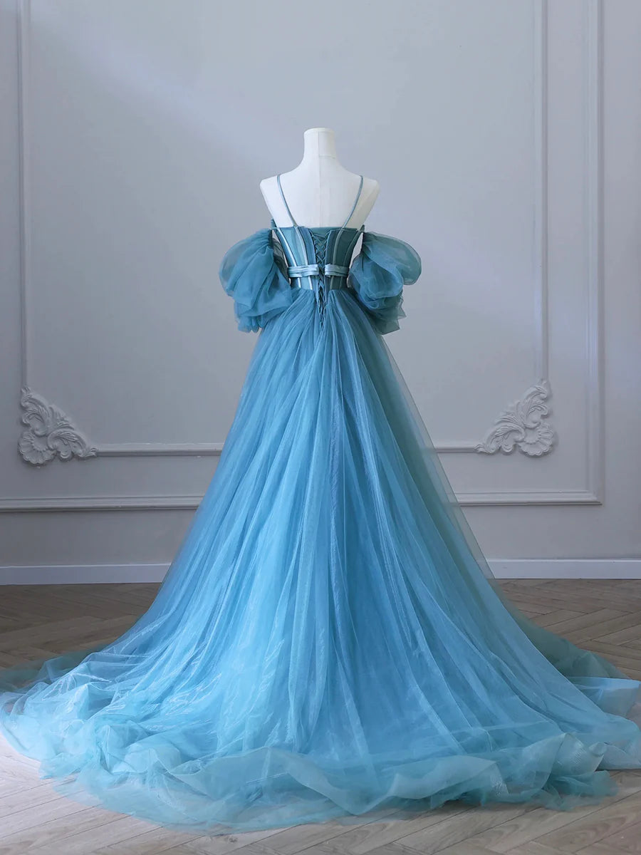 Robe de bal en tulle bleu féerique à bretelles spaghetti et corset, robe de soirée à épaules dénudées amovibles nv1536