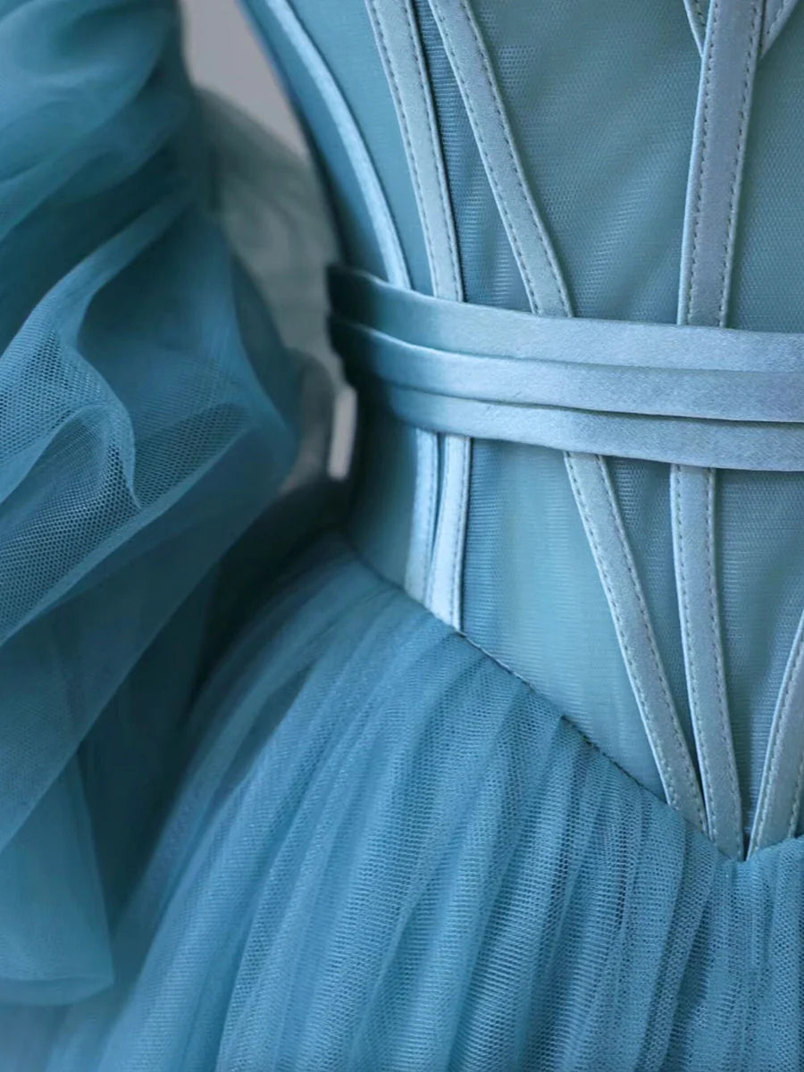 Robe de bal en tulle bleu féerique à bretelles spaghetti et corset, robe de soirée à épaules dénudées amovibles nv1536
