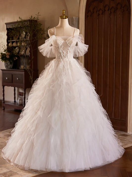A-Line Tulle Layers Long Prom Dress, Ivory Spaghetti Strap Sweet 16 Dress Evening Dress nv1418