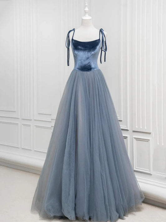 Robe de soirée longue en tulle et velours coupe A, robe de soirée à bretelles fines gris bleu nv1572