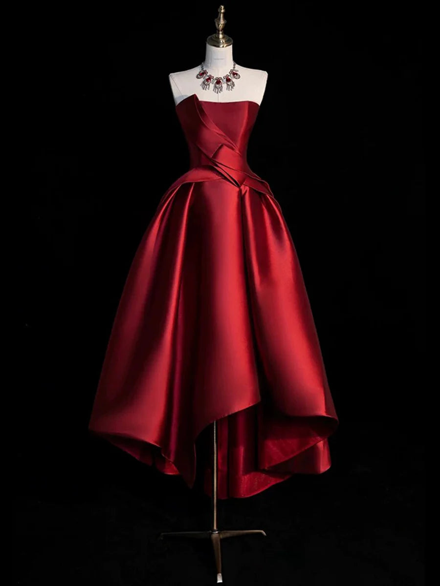 Burgunderrotes Satin High Low Ballkleid Süßes A-Linien-Partykleid mit schulterfreiem Rücken Abendkleid Homecoming-Kleid nv2159