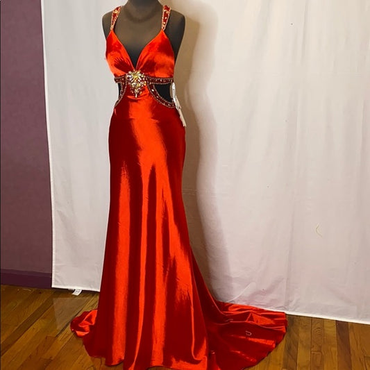 Rotes wunderschönes glänzendes modisches, exquisites, rückenfreies, langes, elegantes Ballkleid aus Satin mit bodenlanger Schleppe, NV3641