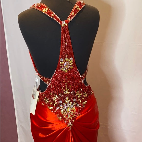 Red gorgeous shiny fashion exquisite beaded backless long elegant satin floor-length train ball gown evening dress nv3641
