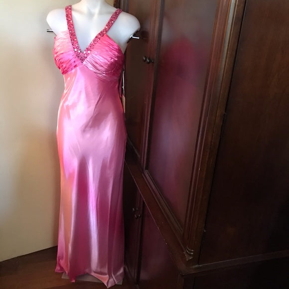 Rosa glänzendes Retro-hübsches modisches V-Ausschnitt-Riemen-langes Satin-Ballkleid-Abendkleid-Partykleid nv3617