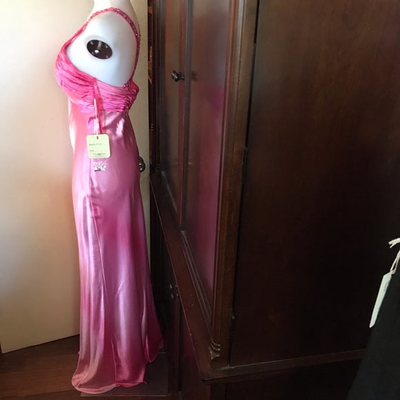 Rosa glänzendes Retro-hübsches modisches V-Ausschnitt-Riemen-langes Satin-Ballkleid-Abendkleid-Partykleid nv3617