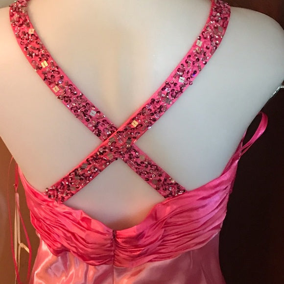 Rosa glänzendes Retro-hübsches modisches V-Ausschnitt-Riemen-langes Satin-Ballkleid-Abendkleid-Partykleid nv3617