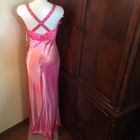Rosa glänzendes Retro-hübsches modisches V-Ausschnitt-Riemen-langes Satin-Ballkleid-Abendkleid-Partykleid nv3617