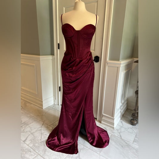 Burgundy elegant fashion new arrival exquisite corset long satin floor-length sexy slit ball gown evening dress party dress nv3647