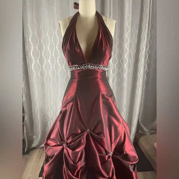 Burgunderrotes, elegantes, exquisites, perlenbesetztes, trägerloses A-Linien-Kleid aus Satin, formelles Ballkleid, Abendkleid, Partykleid nv3687