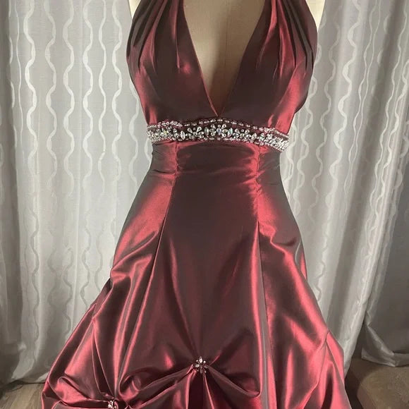 Burgunderrotes, elegantes, exquisites, perlenbesetztes, trägerloses A-Linien-Kleid aus Satin, formelles Ballkleid, Abendkleid, Partykleid nv3687