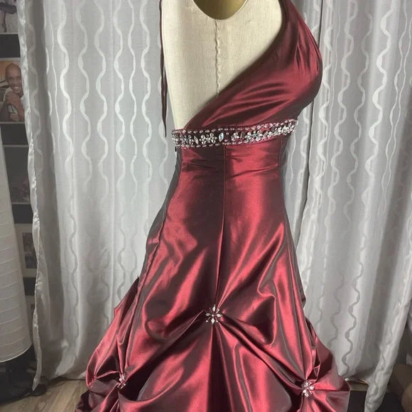 Burgunderrotes, elegantes, exquisites, perlenbesetztes, trägerloses A-Linien-Kleid aus Satin, formelles Ballkleid, Abendkleid, Partykleid nv3687