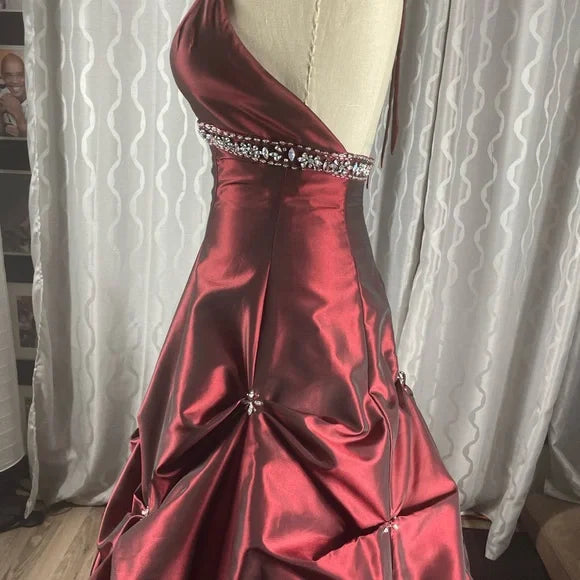 Burgunderrotes, elegantes, exquisites, perlenbesetztes, trägerloses A-Linien-Kleid aus Satin, formelles Ballkleid, Abendkleid, Partykleid nv3687