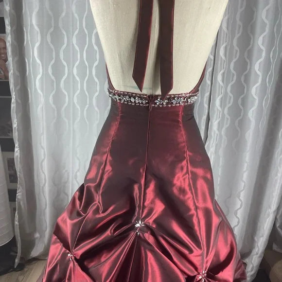 Burgunderrotes, elegantes, exquisites, perlenbesetztes, trägerloses A-Linien-Kleid aus Satin, formelles Ballkleid, Abendkleid, Partykleid nv3687