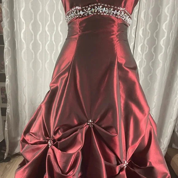 Burgunderrotes, elegantes, exquisites, perlenbesetztes, trägerloses A-Linien-Kleid aus Satin, formelles Ballkleid, Abendkleid, Partykleid nv3687