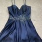 NiceVestidos-Navy Blue Delicate Floral Short Satin Homecoming Dress Nv5638