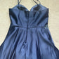 NiceVestidos-Navy Blue Delicate Floral Short Satin Homecoming Dress Nv5638