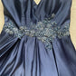 NiceVestidos-Navy Blue Delicate Floral Short Satin Homecoming Dress Nv5638