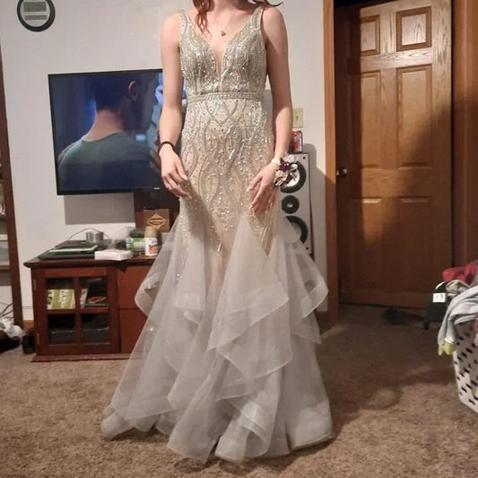 Champagne color gorgeous shiny fashion V-neck exquisite beading beautiful floor-length ruffled tulle ball gown evening dress party dress nv3620