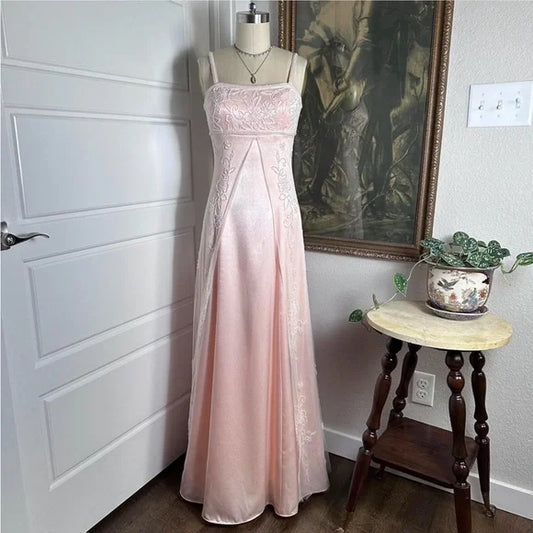 Peach Pink Vintage Fashion Exquisite Beading Elegant Spaghetti Strap Long Satin Ball Gown Evening Dress Party Dress Prom Dress nv3772