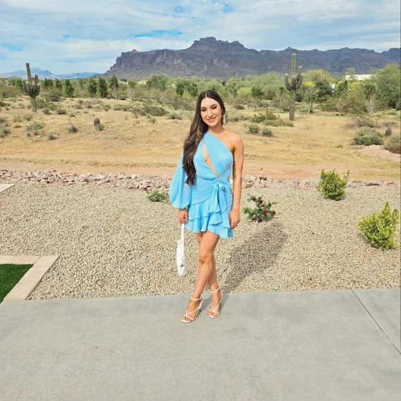 Women's Solid Color Asymmetrical Neckline Hollow Out Lace-up Dress With Ruffle Hem nv1668