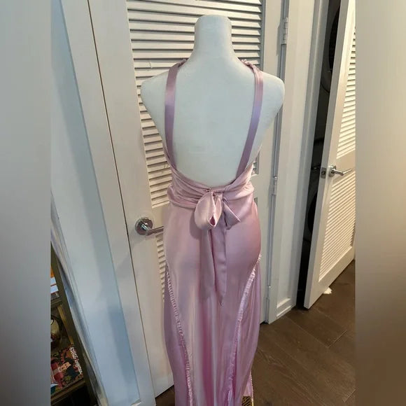 Pink Fashion Elegant V-neck Backless Long Satin Ball Gown Evening Dress Party Dress nv3583