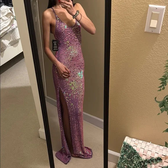 Robe de soirée longue à paillettes, rose, élégante, col en V, robe de bal, robe de fête d'anniversaire, robe de bal, nv3840