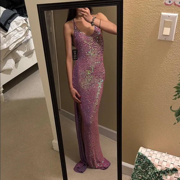 Robe de soirée longue à paillettes, rose, élégante, col en V, robe de bal, robe de fête d'anniversaire, robe de bal, nv3840