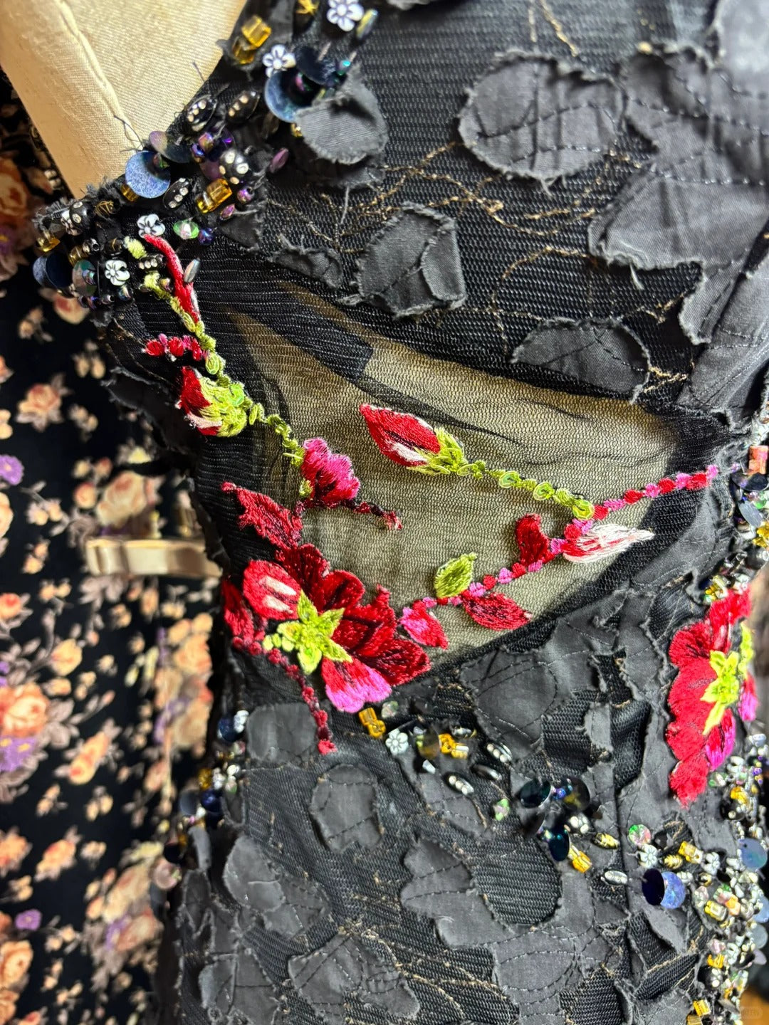 Black floral beaded long mermaid fishtail ball gown evening dress quinceanera dress nv4641