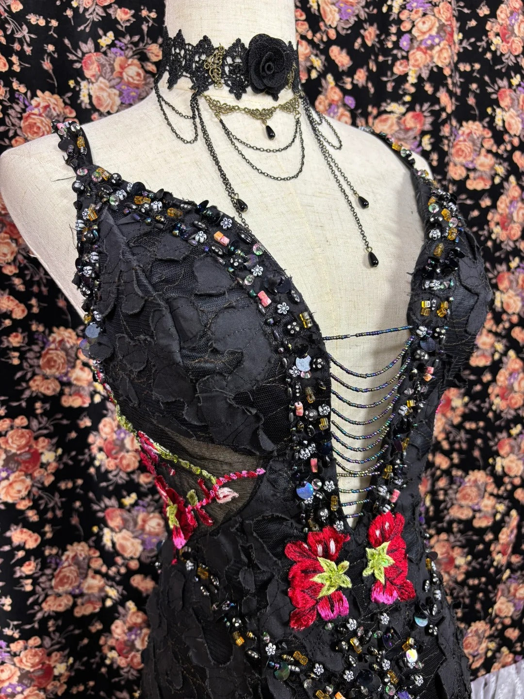 Black floral beaded long mermaid fishtail ball gown evening dress quinceanera dress nv4641