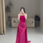 Rosa schlichte, modische, elegante Tube-Top-Schulterfrei, langer Samt mit Satinnähten, plissiertes langes Abendkleid, Ballkleid, Partykleid, NV2610