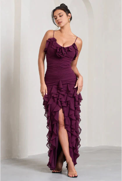 Lila Mode Elegant Spaghettiträger Lange Chiffon Rüschen Ballkleid Abendkleid Urlaub Partykleid Hochzeitsgast Kleid Ballkleid nv3826