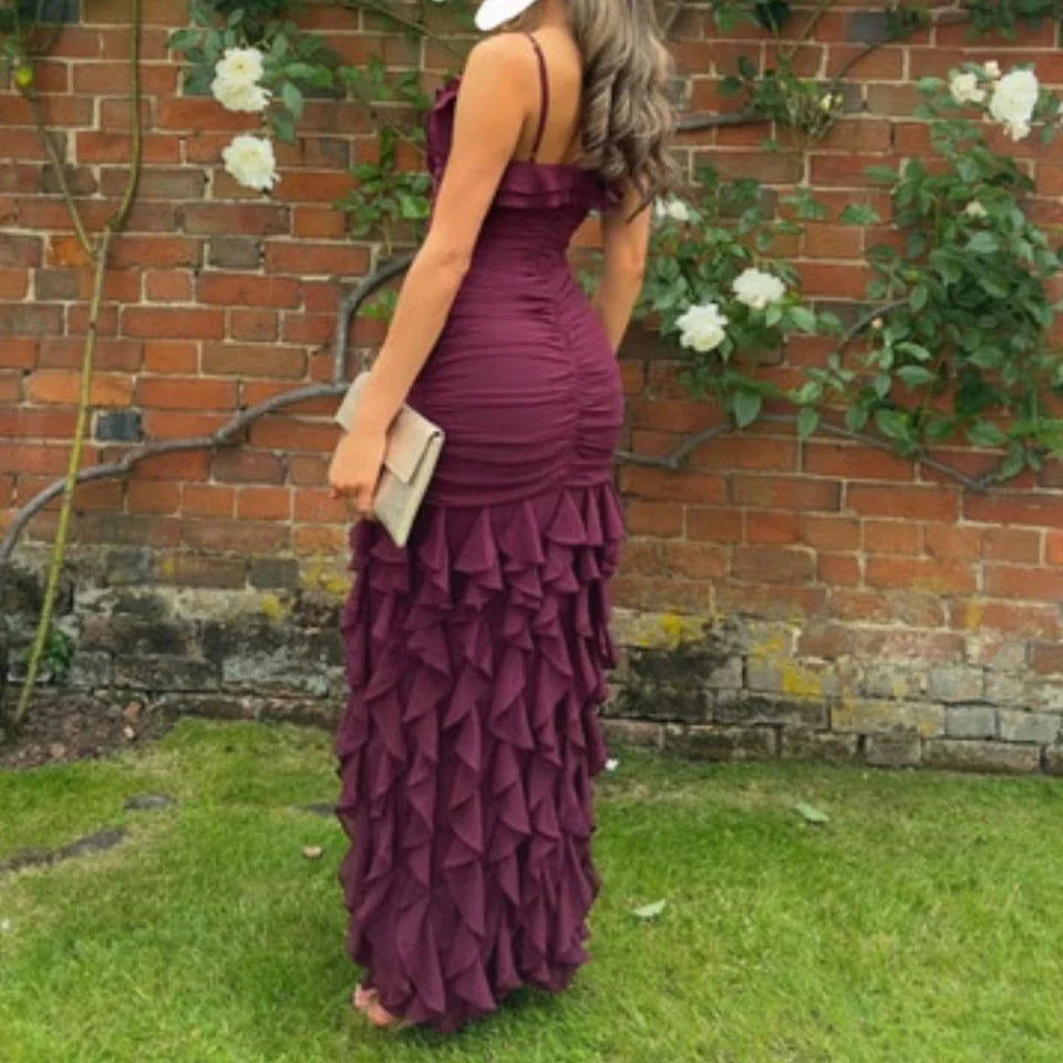 Lila Mode Elegant Spaghettiträger Lange Chiffon Rüschen Ballkleid Abendkleid Urlaub Partykleid Hochzeitsgast Kleid Ballkleid nv3826