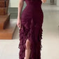 Lila Mode Elegant Spaghettiträger Lange Chiffon Rüschen Ballkleid Abendkleid Urlaub Partykleid Hochzeitsgast Kleid Ballkleid nv3826